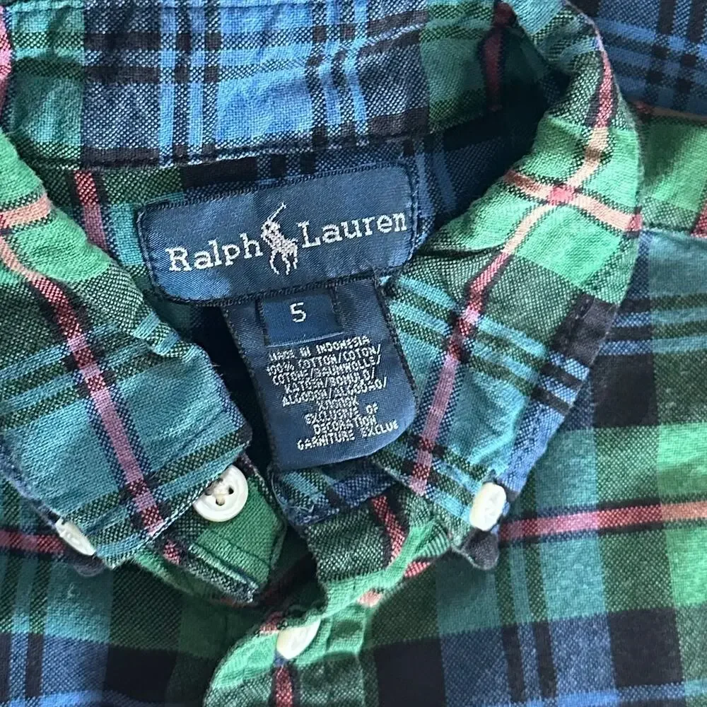 Ralph Lauren Plaid Button Up Dress Shirt Boys 5 Green Blue Cotton Long Sleeve